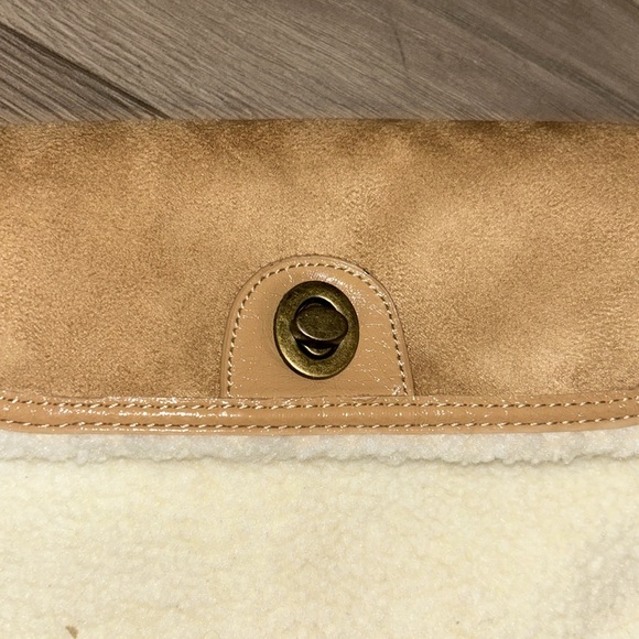 Fuzzy suede with buckle clutch purse, brown, and off-white - Picture 2 of 5